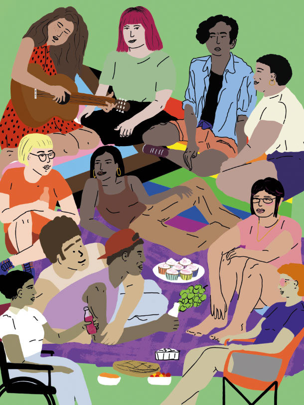 Das Bild zeigt ein Detail eines illustrierten Flyer mit einer Gruppe junger Leute, die im Grünen picknickt gestaltet von Strahlenkatzen Studio für Grafikdesign in Köln