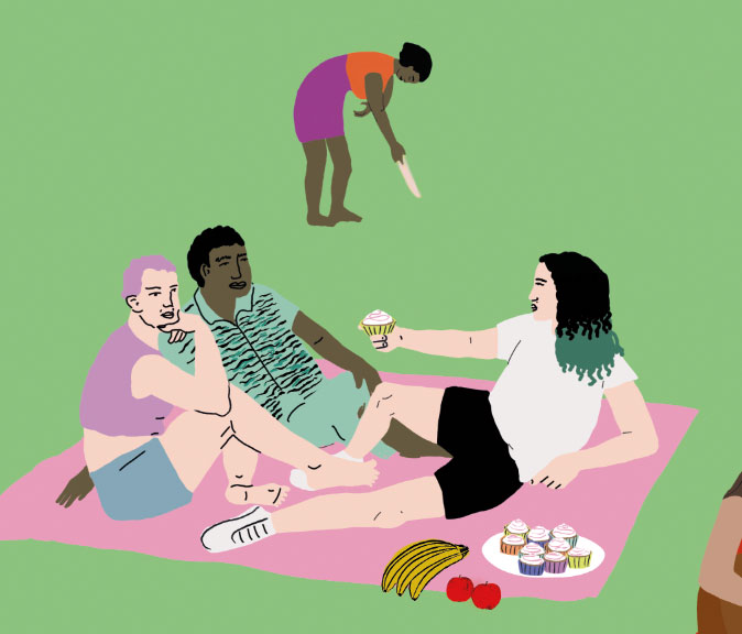 Das Bild zeigt ein Detail eines illustrierten Flyer mit einer Gruppe junger Leute, die im Grünen picknickt gestaltet von Strahlenkatzen Studio für Grafikdesign in Köln