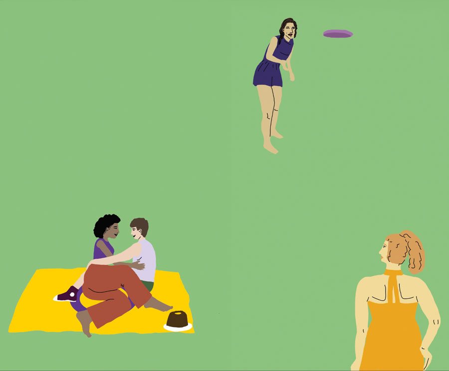 Das Bild zeigt ein Detail eines illustrierten Flyer mit einer Gruppe junger Leute, die im Grünen picknickt gestaltet von Strahlenkatzen Studio für Grafikdesign in Köln