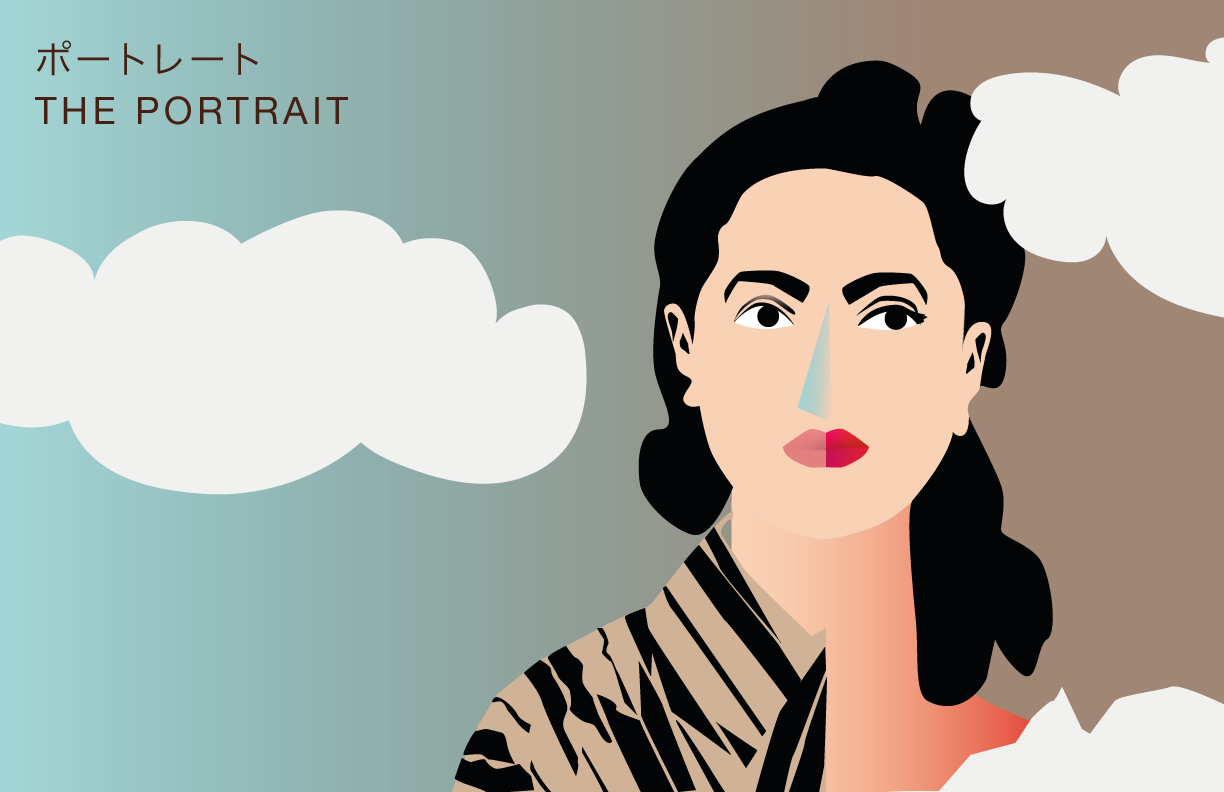 Das Bild zeigt eine freie Illustration von einer Frau, die zur Hälfte einen Kimono trägt und zur Hälfte ein urbanes Kleid gestaltet von Strahlenkatzen Studio für Grafikdesign in Köln