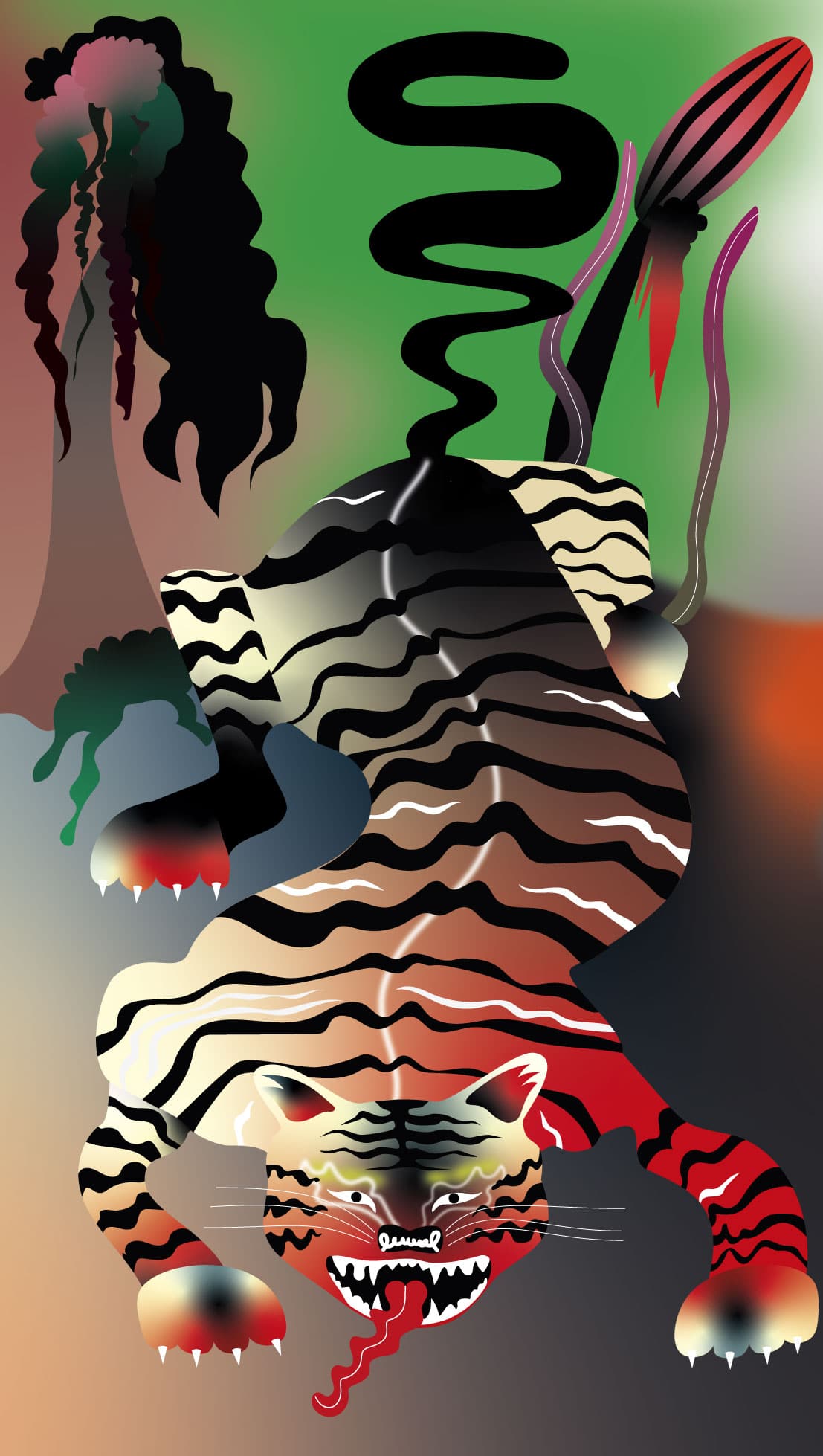 Das Bild zeigt eine freie Illustration on einem Tiger in einer tropischen Landschaft gestaltet von Strahlenkatzen Studio für Grafikdesign in Köln